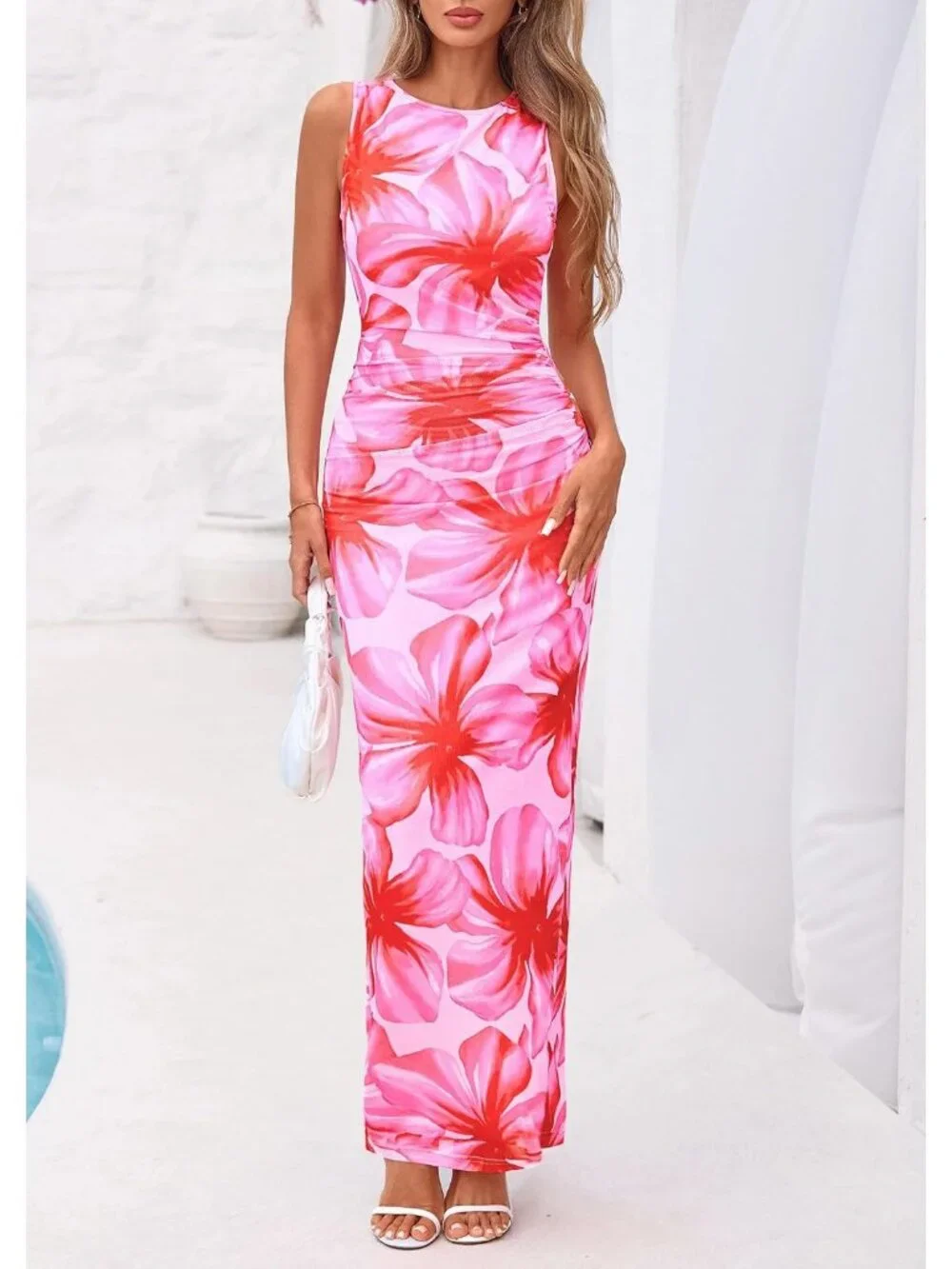 Women Pink Big Floral Polyester Elastane Mesh Sleeveless Bodycon Long Maxi Dress
